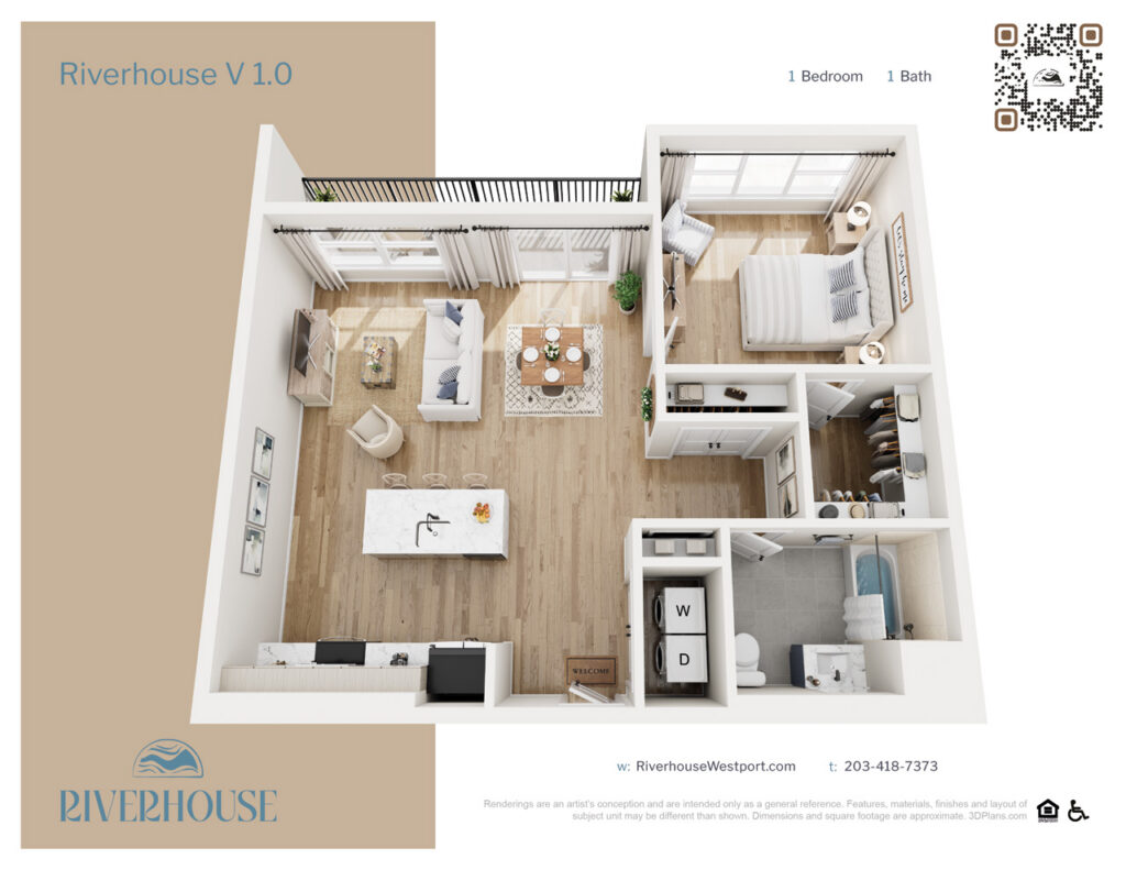 One-bedroom, one-bathroom apartment floor plan at Riverhouse
